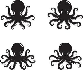 Four black cartoon octopuses with white eyes and suction cups vector