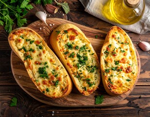 Three slices of cheesy garlic bread on a wooden board