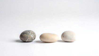 Three smooth stones on a white surface