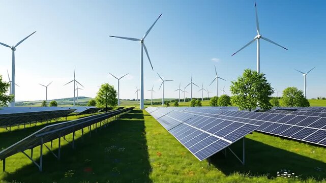 Renewable energy solar panels and wind turbines empowering green future fields