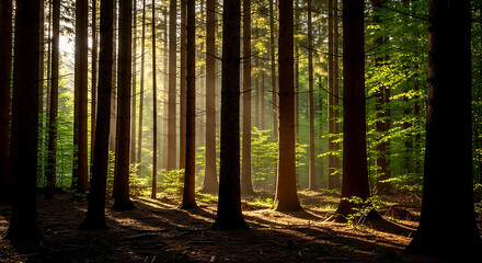 Obraz premium Sunlight filters through dense forest creating beautiful shadows on ground