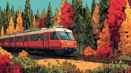 Obraz premium Orange passenger train travels through a vibrant forest displaying rich autumn foliage