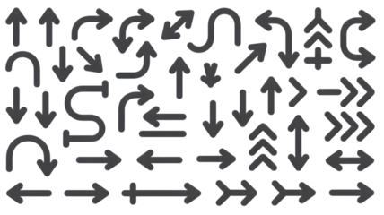 Collection of diverse directional arrow symbols on black background