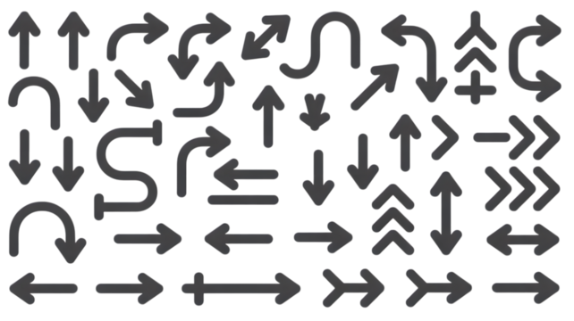 Collection of diverse directional arrow symbols on black background