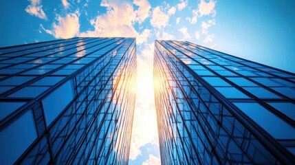 Sunlight shining between two tall glass skyscrapers reflecting a blue sky with scattered clouds, looking upward creating a sense of height and modernity