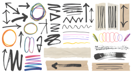 Collection of hand drawn graphic elements and torn paper textures