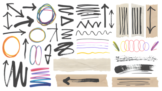 Collection of hand drawn graphic elements and torn paper textures