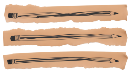 Three torn paper strips featuring hand drawn pencils