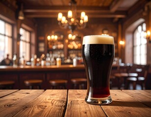 A frothy pint of dark beer sits on a rustic wooden table in a warm, inviting pub interior