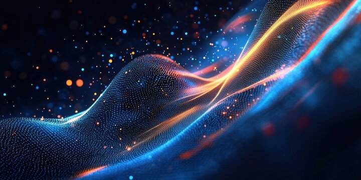 Abstract colorful wave of glowing particles and flowing digital mesh with blue and orange lights creating a dynamic and mesmerizing futuristic pattern