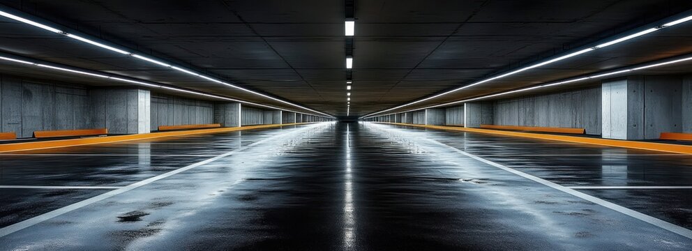 Empty underground parking garage with wet reflective floor and symmetrical rows of orange barriers under fluorescent ceiling lights creating a vanishing point