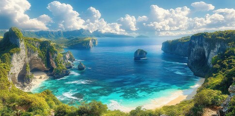 Scenic tropical bay with turquoise water surrounded by lush green cliffs and a sandy beach under a partly cloudy sky