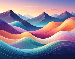 Abstract landscape of colorful waves and mountains at sunset or sunrise
