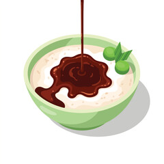 Rich Chocolate Syrup Pouring Over Creamy Oatmeal in a Bowl.
