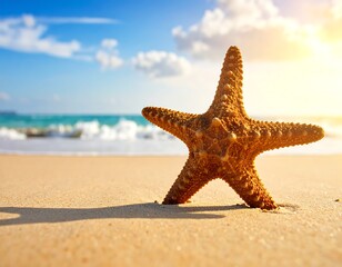 A golden starfish stands proudly on a sandy beach, sunny background