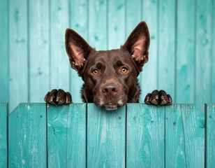 A curious brown dog peeks over a turquoise wooden fence