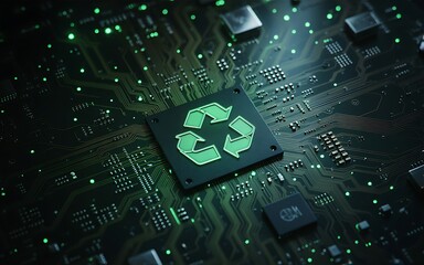 Eco-Friendly Technology Recycle Symbol on a Circuit Board For Green Tech