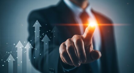 Businessman's touch Pointing towards growth and success with rising upward arrows