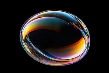 Close-up of a luminous soap bubble glowing with vibrant rainbow colors against a black background, capturing its delicate and smooth surface