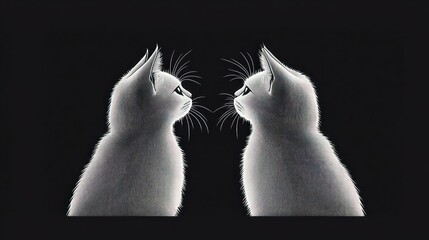Two white cats facing each other on a black background with detailed fur and whiskers, creating a symmetrical and contemplative mood