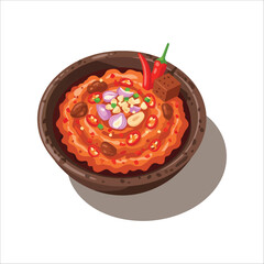 Spicy traditional Asian chili paste in a rustic bowl vector illustration.