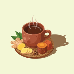 Steaming Cup of Ginger Tea with Fresh Ginger Root Slices.