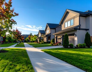 Naklejka premium Serene suburban street lined with modern homes, vibrant trees, and clear blue skies at sunset