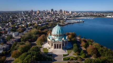 Aerial view captures prominent domed structure situated near a bustling waterfront cityscape and marina.