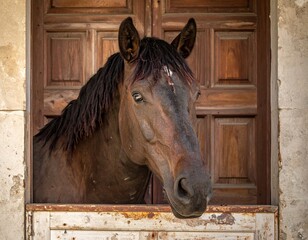A dark brown horse looks out through a vintage wooden doorway