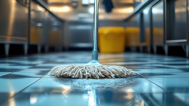 Close-up of a mop cleaning shiny tiled floor in a commercial kitchen with stainless steel cabinets and blurred yellow bucket in the background