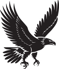 Fototapeta premium A black and white silhouette of an eagle flying against a white background.