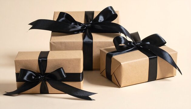 Three wrapped gifts on beige background