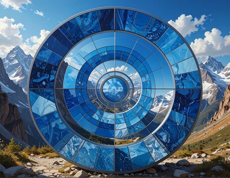 Abstract futuristic blue circular design with mountains in the background - Powered by Adobe
