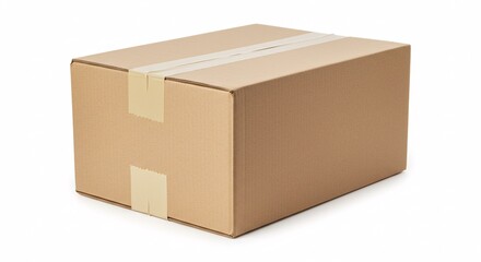 A closed brown cardboard box sealed with packing tape, isolated on a white background. Concept for shipping, delivery, and moving services