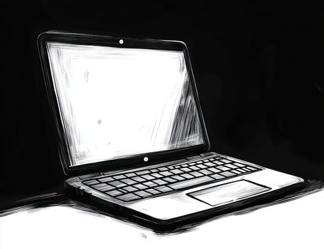 Black and white illustration of an open laptop on a flat surface with a bright glowing screen against a dark background