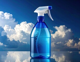 A blue spray bottle against a backdrop of white fluffy clouds