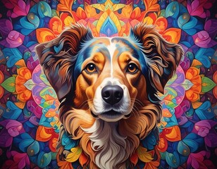 A dog portrait against a vibrant, multi-colored floral mandala