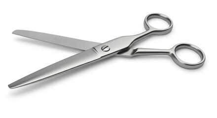 Professional shiny metal barber or tailor shears with sharp blades, open and ready for cutting, on a white studio background