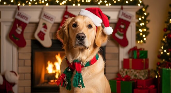 dog and christmas tree Cute Dog Wearing Christmas Costume near Tree and Gifts — Adorable Holiday Pet Photo