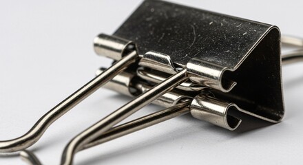 A detailed close-up macro shot of a black metal binder clip, a common office supply for holding paper, isolated on a white background
