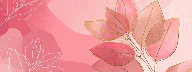 Abstract floral background in blush and pink tones with gold outlines. Watercolor leaves design