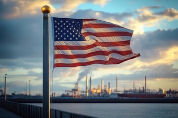 American flag waving on a pole near an industrial waterfront with factory chimneys and a ship under a cloudy sky at sunset