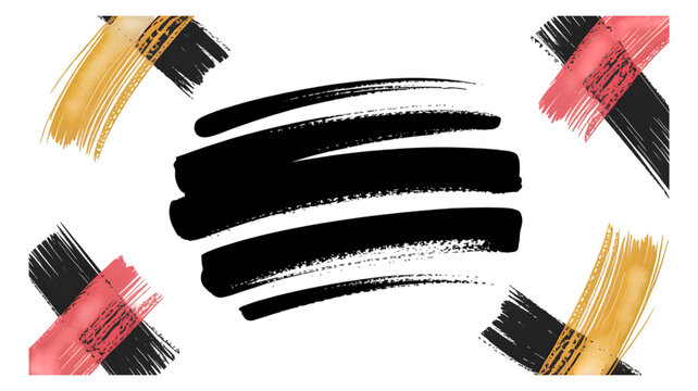 Abstract art swirls of gold and pink paint strokes on black background