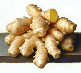 Close-up of several fresh ginger roots stacked on a dark surface with one ginger root cut to reveal its yellow interior, evoking freshness and natural health
