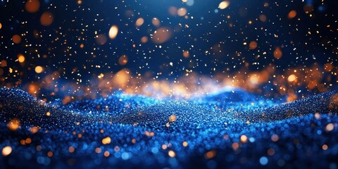Abstract glowing blue particles forming wave-like patterns with floating golden bokeh lights creating a dynamic and magical atmosphere