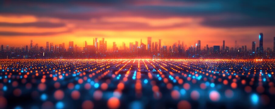 Futuristic city skyline at sunset with glowing orange and blue lights creating a vast grid pattern in the foreground under a dramatic colorful sky - Powered by Adobe