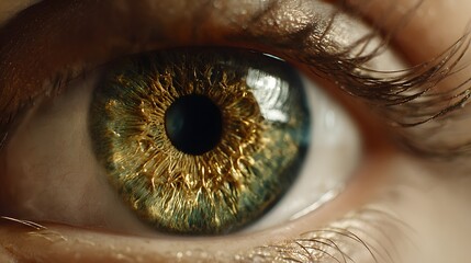Extreme closeup reveals intricate detail of a hazel and green human iris with golden texture