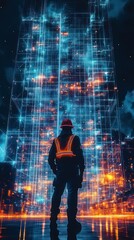 Silhouette of a person wearing a hard hat and reflective vest standing in front of a towering futuristic digital building composed of glowing blue and orange light grids