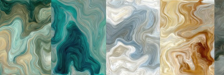 Abstract swirling textures with a palette of greens, blues, and golds. A fluid mix of colors