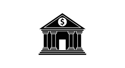 A black and white icon of a bank building with a dollar sign on the roof.
